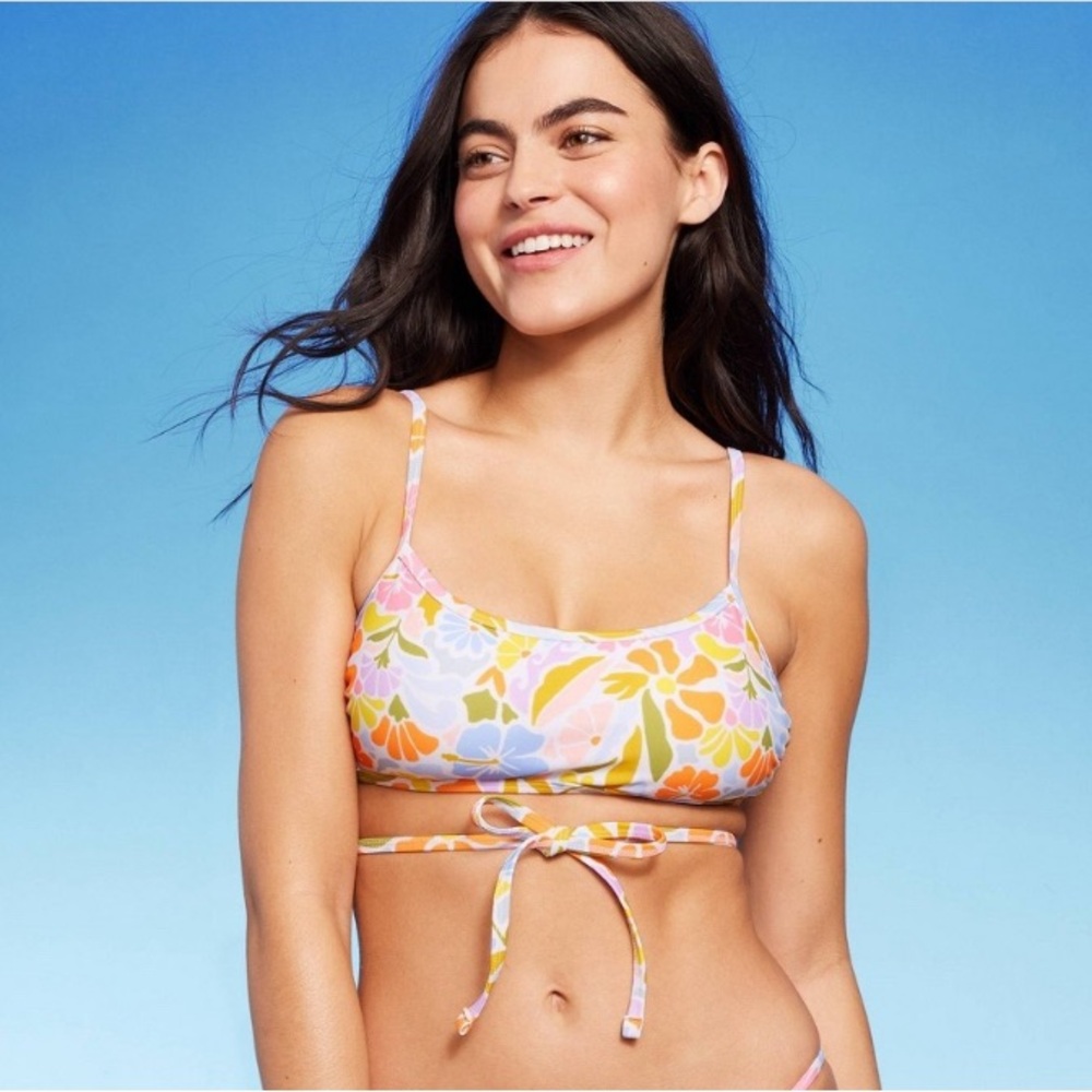 SET- Women's Strappy Bralette Bikini Top+ Bikini Bottoms - Pink Floral
